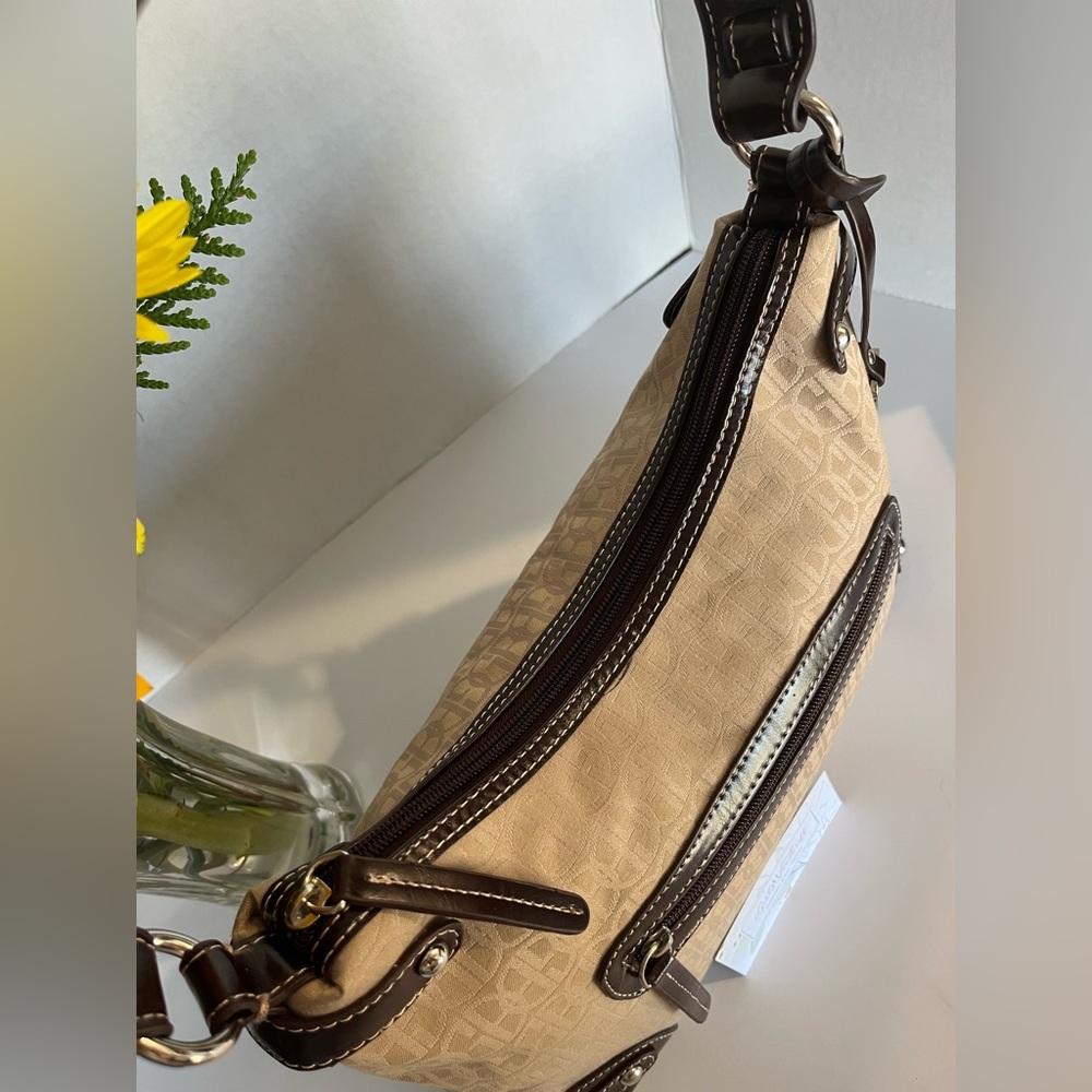 GIANI BERNINI Signature Shoulder Bag Beige Purse Brown Trim Silver Hardware Logo - Picture 6 of 12